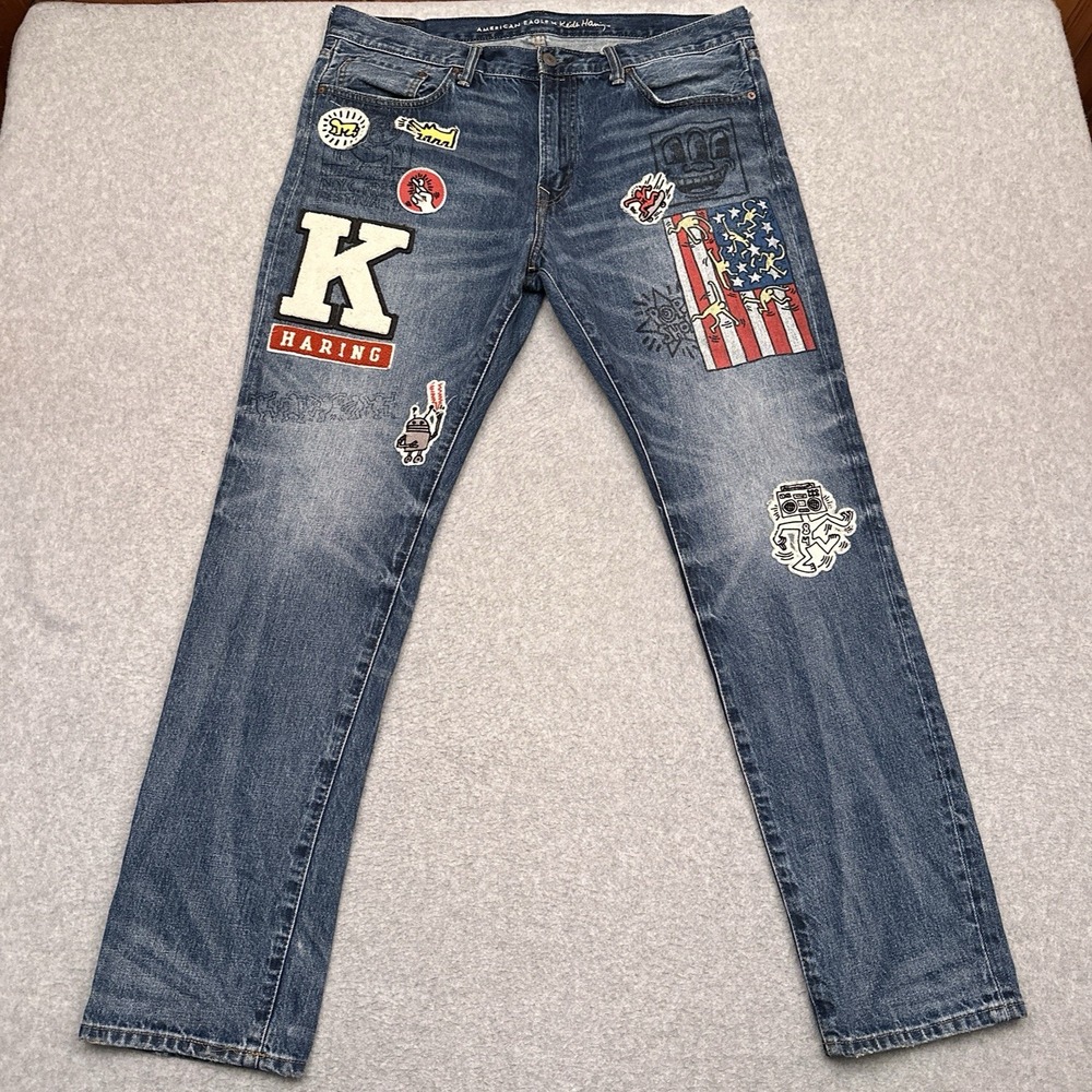 American Eagle‎ x Keith Haring Jeans Men's 38x32* Slim Fit Patchwork Art EUC
